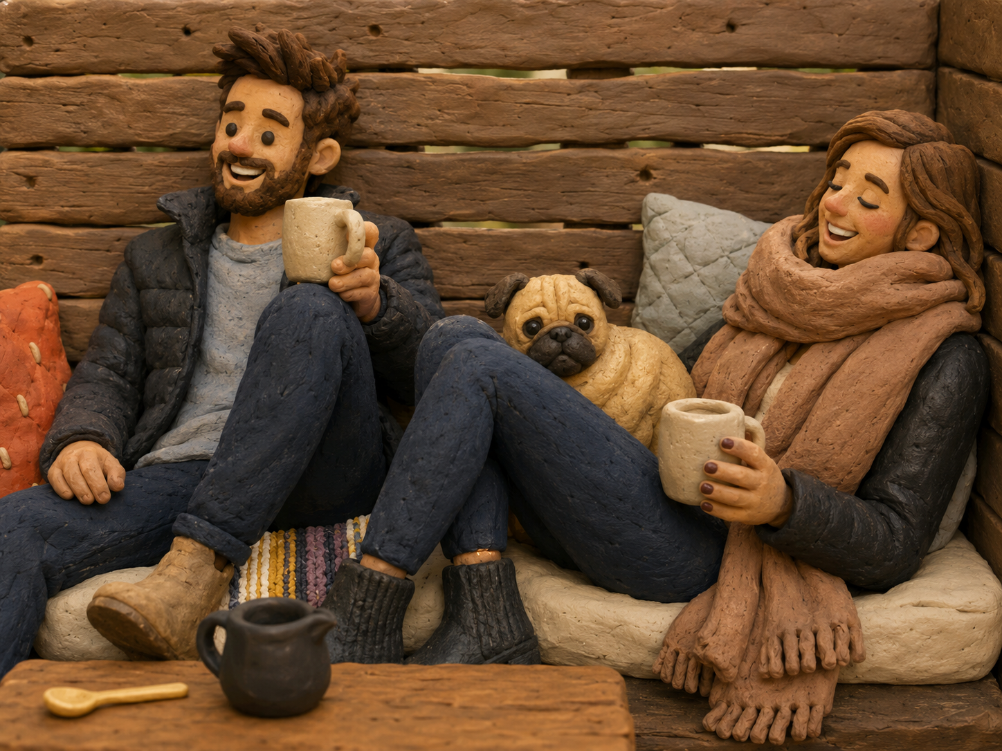 Two people sitting on a wooden bench with a dog, holding mugs, surrounded by cozy winter accessories.