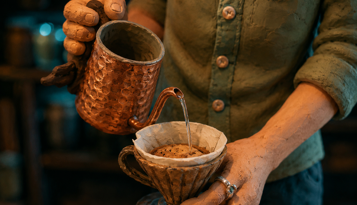 Person pouring liquid from a copper container into a coffee filter with a blurred background